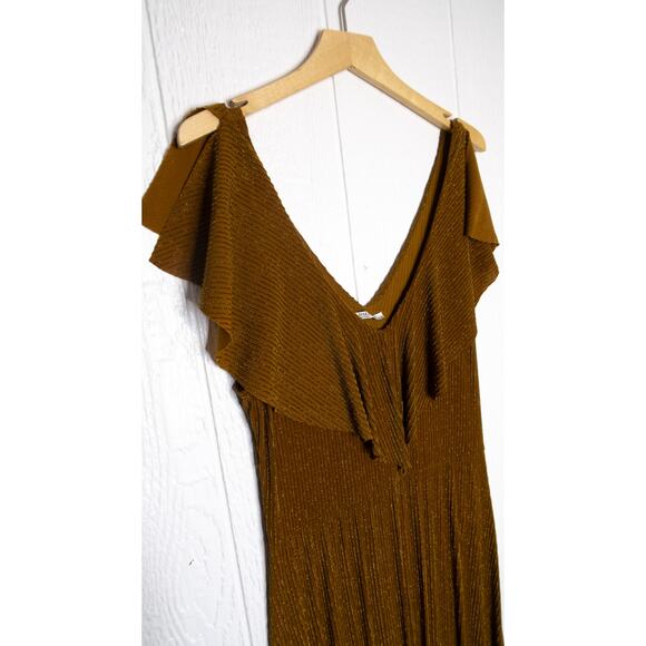 ZARA *BLOGGER FAV* Metallic Bronze Stripe Midi Dress Flutter Sleeve LARGE - Picture 5 of 10